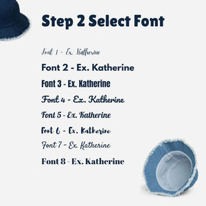 Denim bucket hat with a distressed brim, personalized with custom name embroidery.