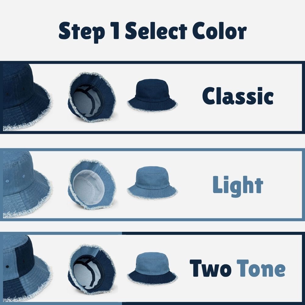 Denim bucket hat with a distressed brim, personalized with custom name embroidery.