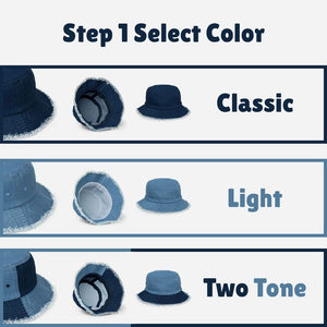 Denim bucket hat with a distressed brim, personalized with custom name embroidery.