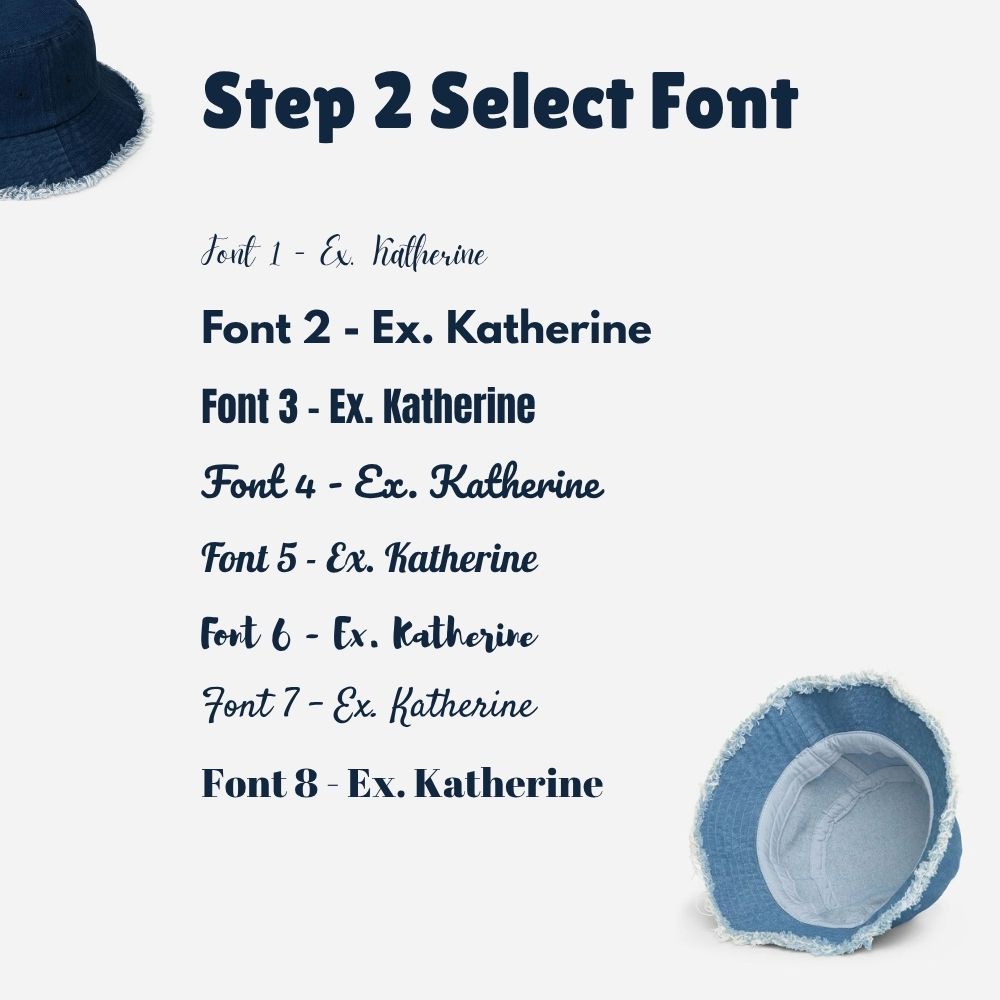 Denim bucket hat with a distressed brim, personalized with custom name embroidery.