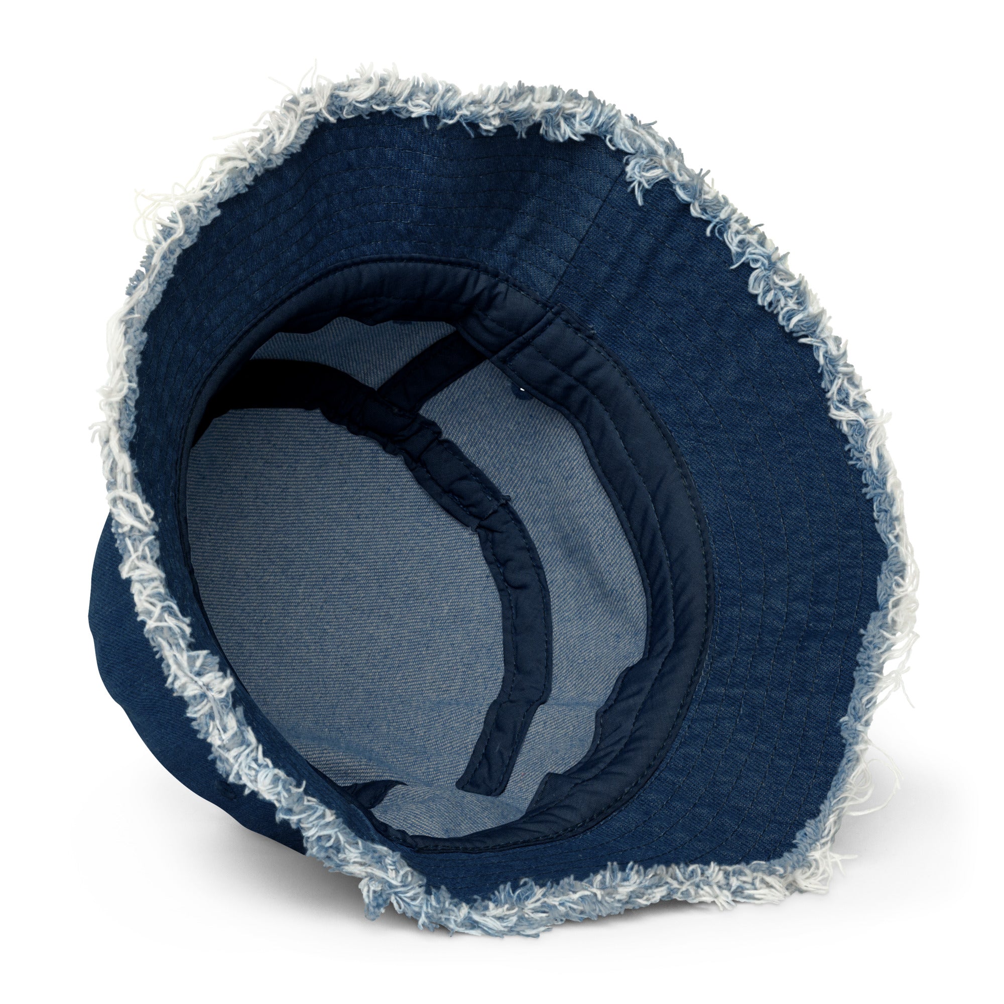 Denim bucket hat with a distressed brim, personalized with custom name embroidery.