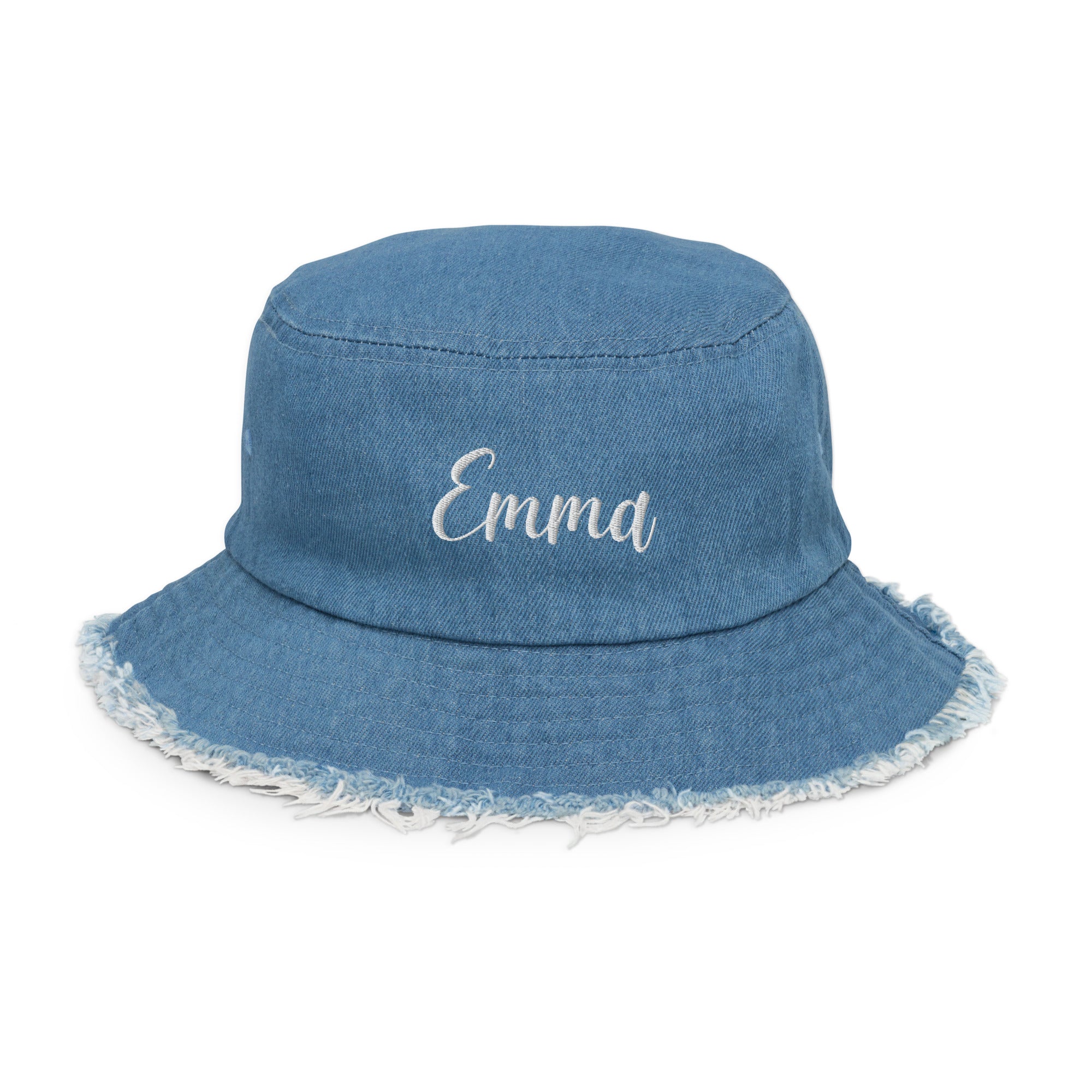 Denim bucket hat with a distressed brim, personalized with custom name embroidery.